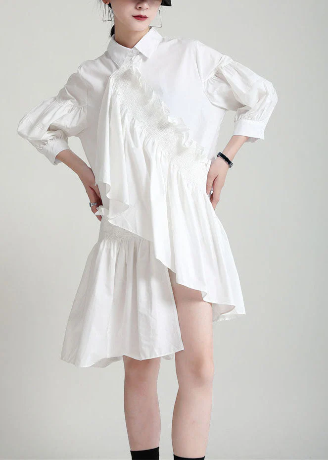 French White Asymmetrical Patchwork Ruffles Cotton Shirt Dress Lantern Sleeve - republicanstateiFrench White Asymmetrical Patchwork Ruffles Cotton Shirt Dress Lantern Sleeve - republicanstatei