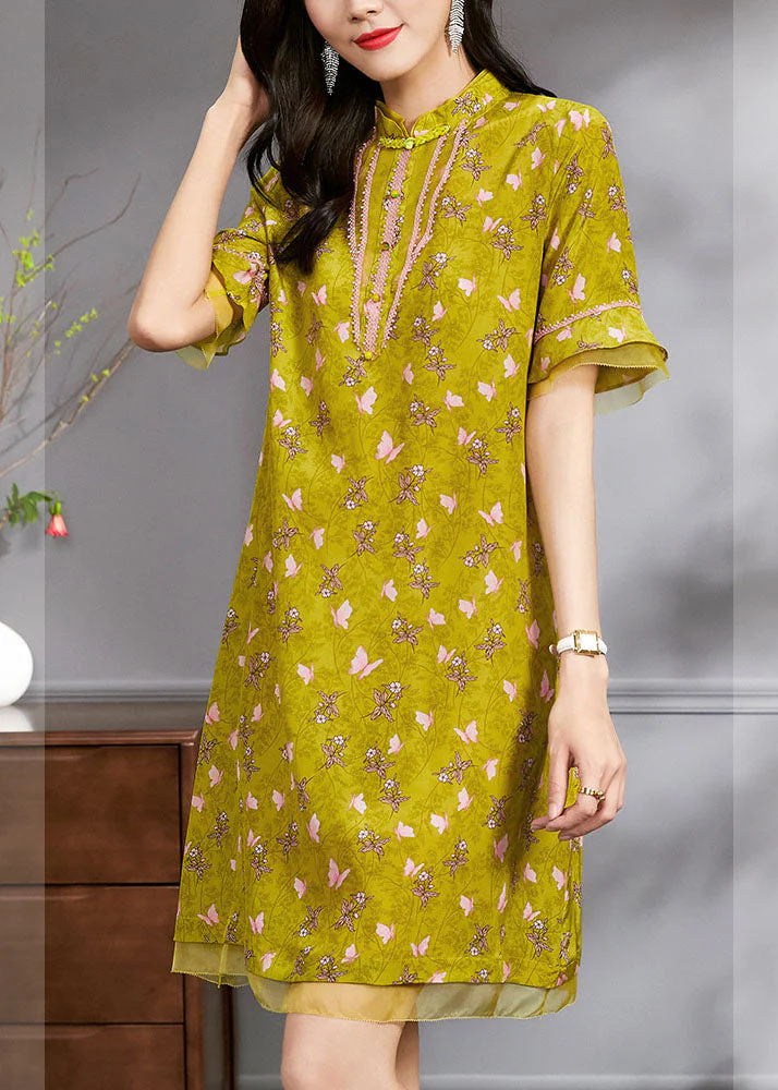 Boutique Yellow Mandarin Collar Floral Print Tulle Patchwork Silk Dresses Flare Sleeve - republicanstateiBoutique Yellow Mandarin Collar Floral Print Tulle Patchwork Silk Dresses Flare Sleeve - republicanstatei