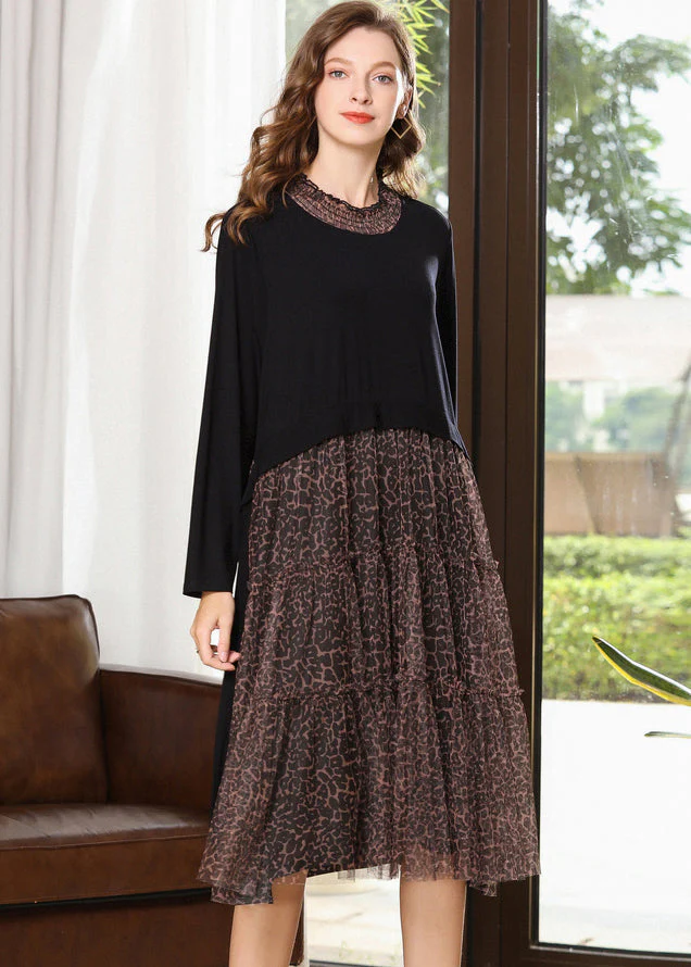 Italian Black Stand Collar Patchwork Leopard Cotton Fake Two Piece Dresses Spring - republicanstateiItalian Black Stand Collar Patchwork Leopard Cotton Fake Two Piece Dresses Spring - republicanstatei