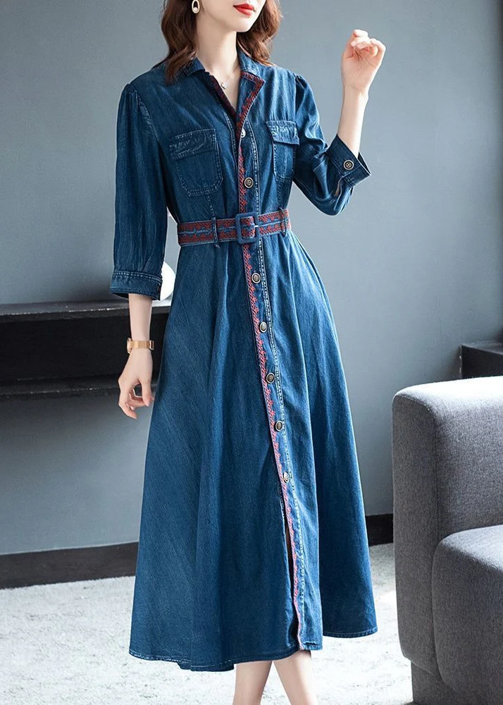 Vintage Blue Peter Pan Collar button Sashes Embroideried Cotton Vacation Dresses Three Quarter sleeve - republicanstateiVintage Blue Peter Pan Collar button Sashes Embroideried Cotton Vacation Dresses Three Quarter sleeve - republicanstatei