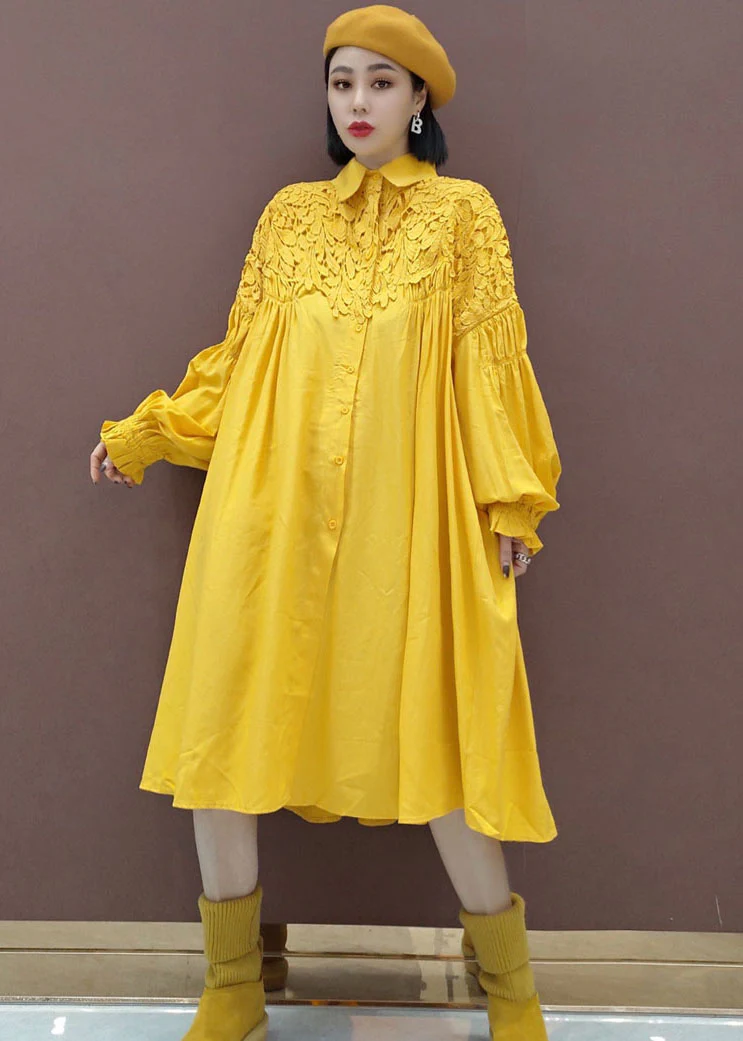 Stylish Yellow Puff Sleeve Peter Pan Collar lace Patchwork shirt Dress Spring - republicanstateiStylish Yellow Puff Sleeve Peter Pan Collar lace Patchwork shirt Dress Spring - republicanstatei