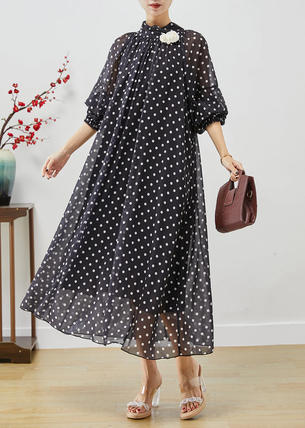 French Black Stand Collar Dot Print Chiffon Long Dress Vestidos Lantern Sleeve - republicanstateiFrench Black Stand Collar Dot Print Chiffon Long Dress Vestidos Lantern Sleeve - republicanstatei