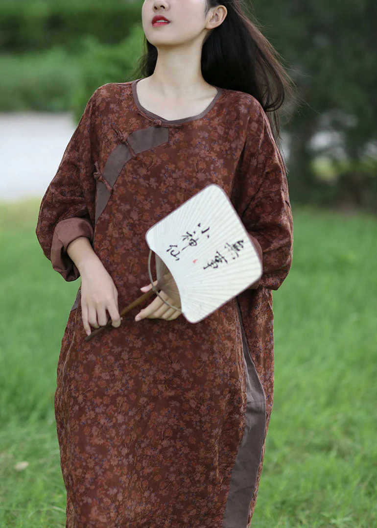 Italian Brown O-Neck Oversized Patchwork Print Linen Vacation Dresses Spring - republicanstateiItalian Brown O-Neck Oversized Patchwork Print Linen Vacation Dresses Spring - republicanstatei