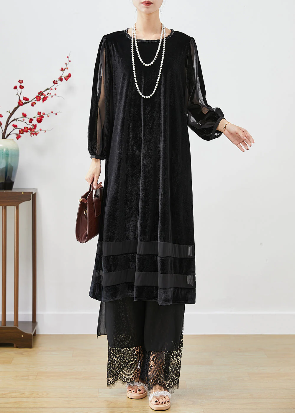 Women Black Hollow Out Patchwork Silk Velour Maxi Dresses Bracelet Sleeve - republicanstateiWomen Black Hollow Out Patchwork Silk Velour Maxi Dresses Bracelet Sleeve - republicanstatei