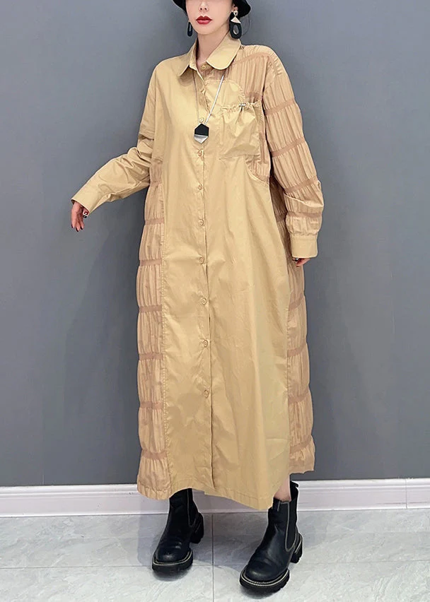 Fine Khaki Peter Pan Collar Patchwork Wrinkled Cotton Holiday Dress Spring - republicanstateiFine Khaki Peter Pan Collar Patchwork Wrinkled Cotton Holiday Dress Spring - republicanstatei