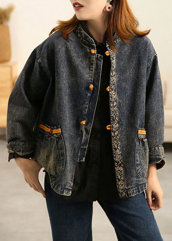 Plus Size Blue Stand Collar Oriental Button Pockets Patchwork Cotton Denim Coat Outwear Long Sleeve - republicanstateiPlus Size Blue Stand Collar Oriental Button Pockets Patchwork Cotton Denim Coat Outwear Long Sleeve - republicanstatei