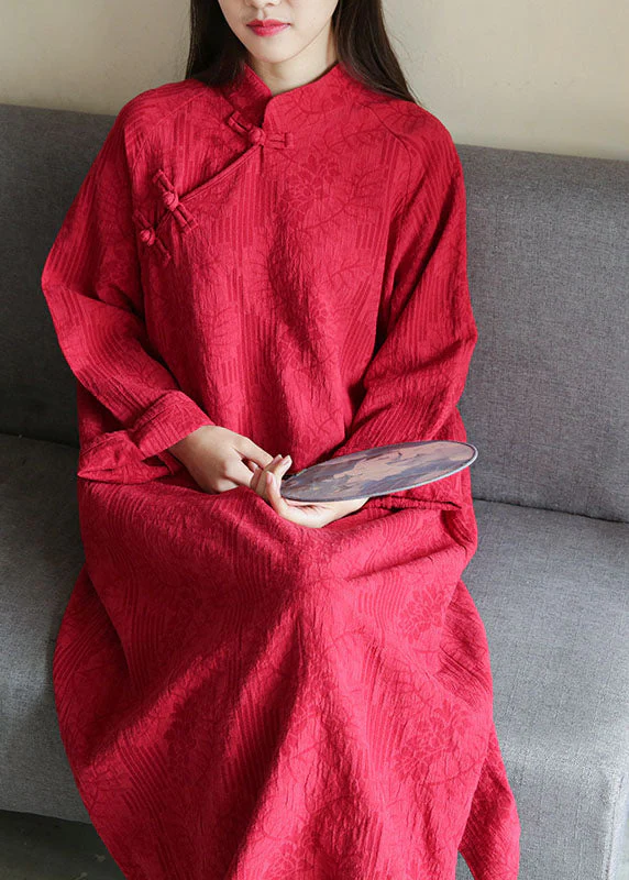 Beautiful Red Stand Collar Jacquard Wrinkled Cotton Dress Cheongsam Spring - republicanstateiBeautiful Red Stand Collar Jacquard Wrinkled Cotton Dress Cheongsam Spring - republicanstatei