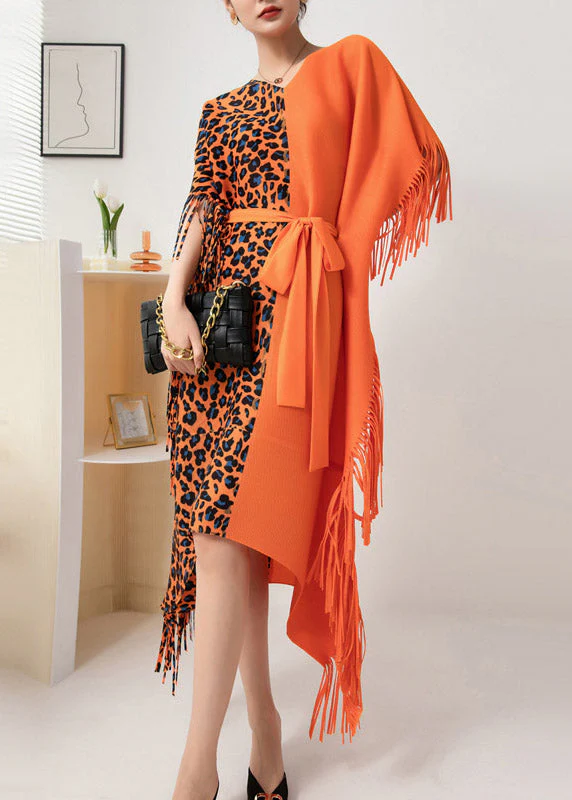 Beautiful Orange Asymmetrical Design Patchwork Tie Waist Tassel Long Dress Fall - republicanstateiBeautiful Orange Asymmetrical Design Patchwork Tie Waist Tassel Long Dress Fall - republicanstatei