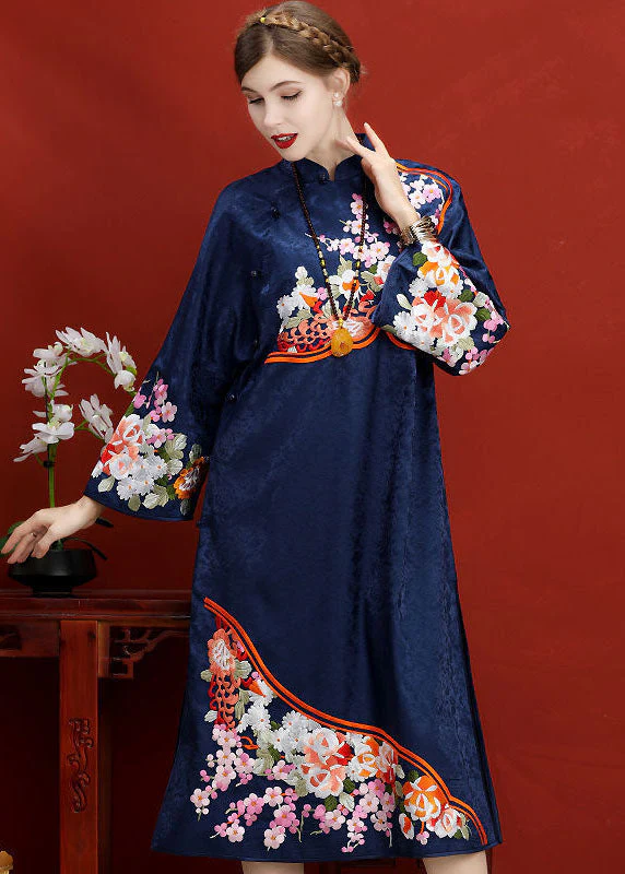 Original Design Navy Embroideried Jacquard Silk Chinese Style Dress Vestidos Spring - republicanstateiOriginal Design Navy Embroideried Jacquard Silk Chinese Style Dress Vestidos Spring - republicanstatei