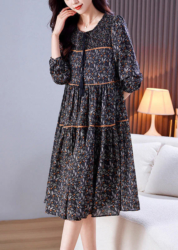 Loose Black O-Neck Print Patchwork Wrinkled Chiffon Long Dresses Spring - republicanstateiLoose Black O-Neck Print Patchwork Wrinkled Chiffon Long Dresses Spring - republicanstatei