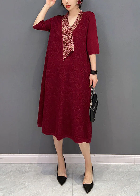 Beautiful Red V Neck Jacquard Slim Fit Cotton Holiday Dress Half Sleeve - republicanstateiBeautiful Red V Neck Jacquard Slim Fit Cotton Holiday Dress Half Sleeve - republicanstatei