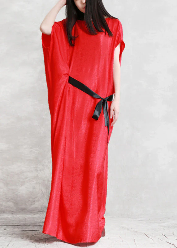 Sexy Mulberry O-Neck Asymmetrical Tie Waist Silk Long Dresses Short Sleeve - republicanstateiSexy Mulberry O-Neck Asymmetrical Tie Waist Silk Long Dresses Short Sleeve - republicanstatei