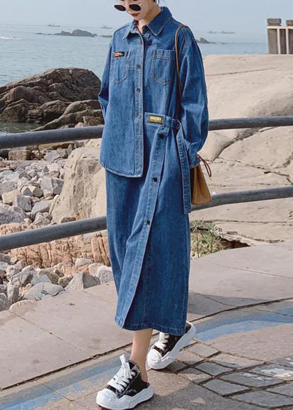 Loose Blue Pockets Button asymmetrical design Fall Denim Long sleeve Long Dress - republicanstateiLoose Blue Pockets Button asymmetrical design Fall Denim Long sleeve Long Dress - republicanstatei