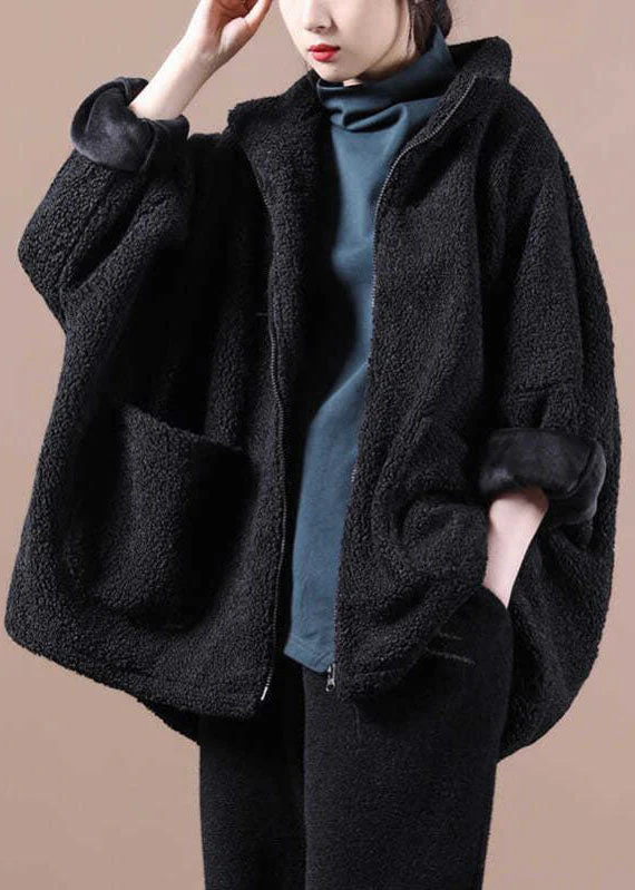 French Black Zip Up Pockets Thick Teddy Faux Fur Jacket Batwing Sleeve - republicanstateiFrench Black Zip Up Pockets Thick Teddy Faux Fur Jacket Batwing Sleeve - republicanstatei