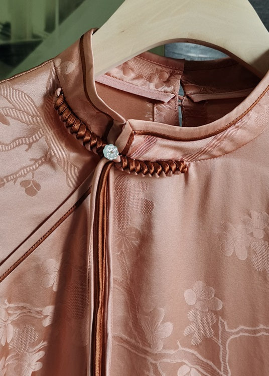 Women Pink Stand Collar Tasseled Patchwork Jacquard Silk Mid Dress Summer - republicanstateiWomen Pink Stand Collar Tasseled Patchwork Jacquard Silk Mid Dress Summer - republicanstatei
