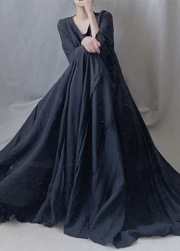 Simple Black O Neck Wrinkled Patchwork Cotton Exra Large Hem Long Dresses Fall - republicanstateiSimple Black O Neck Wrinkled Patchwork Cotton Exra Large Hem Long Dresses Fall - republicanstatei