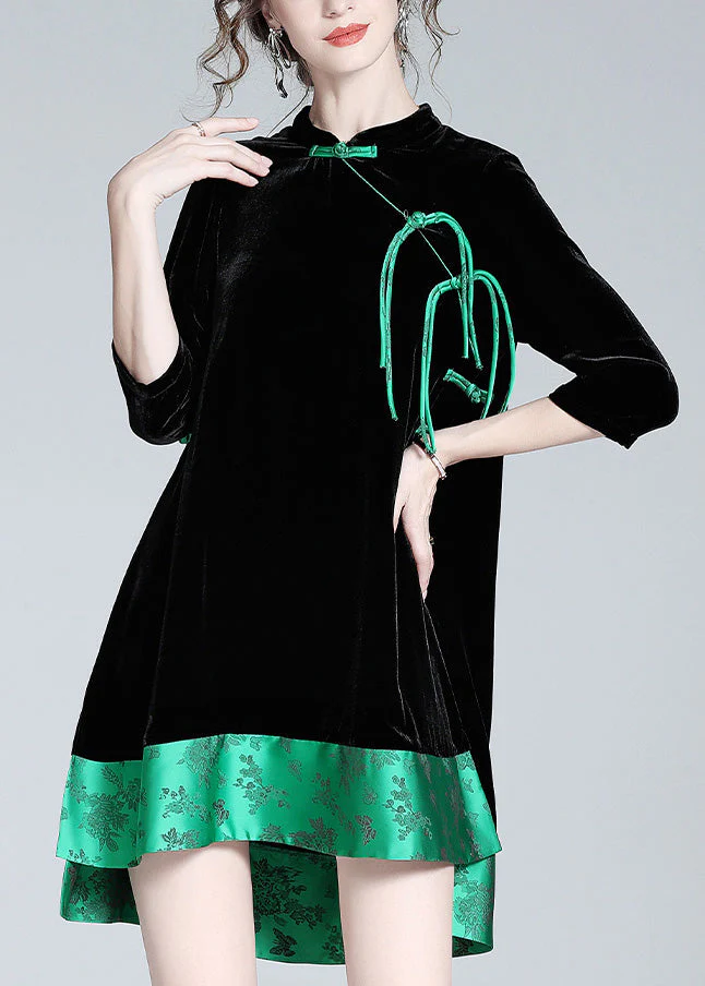 Sexy Black Stand Collar Print Low High Design Silk Velour Maxi Dresses Long Sleeve - republicanstateiSexy Black Stand Collar Print Low High Design Silk Velour Maxi Dresses Long Sleeve - republicanstatei