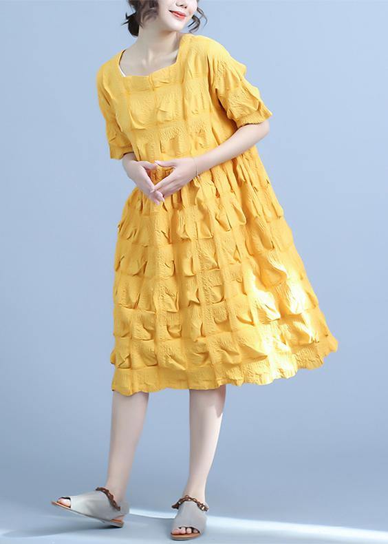 Organic yellow Women Casual Pleated cotton clothes Loose Short Sleeve Summer Dress - republicanstateiOrganic yellow Women Casual Pleated cotton clothes Loose Short Sleeve Summer Dress - republicanstatei