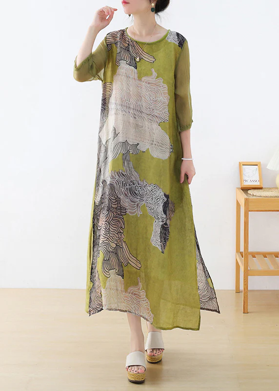 Slim Fit Green O-Neck Side Open Tunic Print Linen Party Dress Half Sleeve - republicanstateiSlim Fit Green O-Neck Side Open Tunic Print Linen Party Dress Half Sleeve - republicanstatei