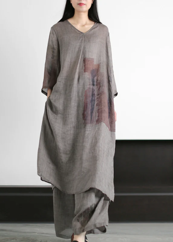 Vintage Grey V Neck Print Side Open Linen Dress And Wide Leg Pant Two Pieces Set Summer - republicanstateiVintage Grey V Neck Print Side Open Linen Dress And Wide Leg Pant Two Pieces Set Summer - republicanstatei