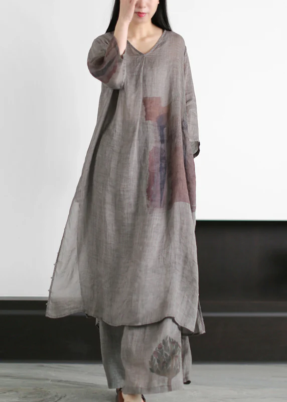 Vintage Grey V Neck Print Side Open Linen Dress And Wide Leg Pant Two Pieces Set Summer - republicanstateiVintage Grey V Neck Print Side Open Linen Dress And Wide Leg Pant Two Pieces Set Summer - republicanstatei