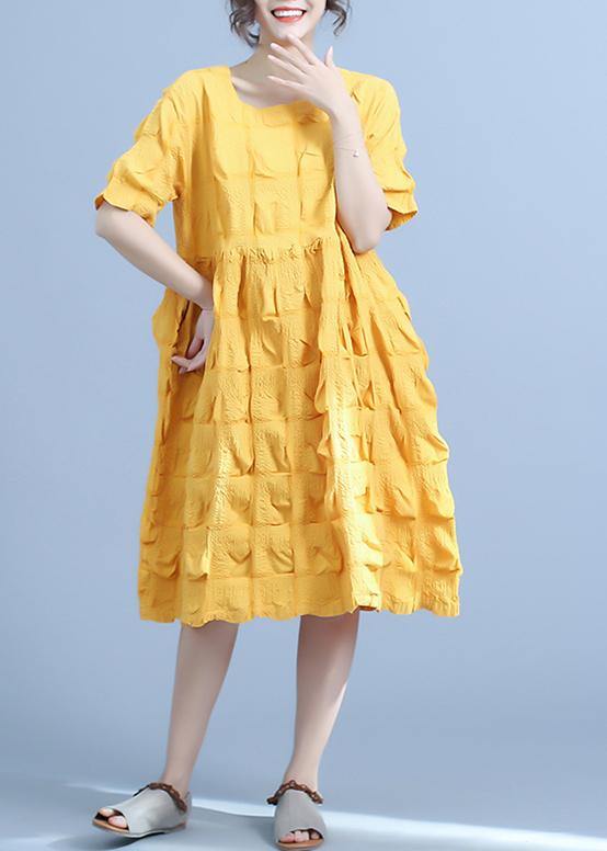 Organic yellow Women Casual Pleated cotton clothes Loose Short Sleeve Summer Dress - republicanstateiOrganic yellow Women Casual Pleated cotton clothes Loose Short Sleeve Summer Dress - republicanstatei