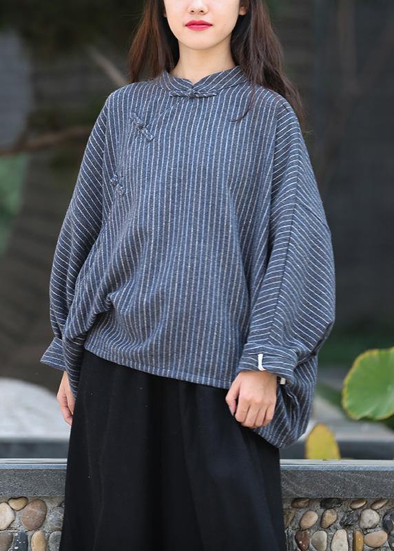 Elegant stand collar trumpet sleeves top silhouette Work Outfits navy striped shirt - republicanstateiElegant stand collar trumpet sleeves top silhouette Work Outfits navy striped shirt - republicanstatei
