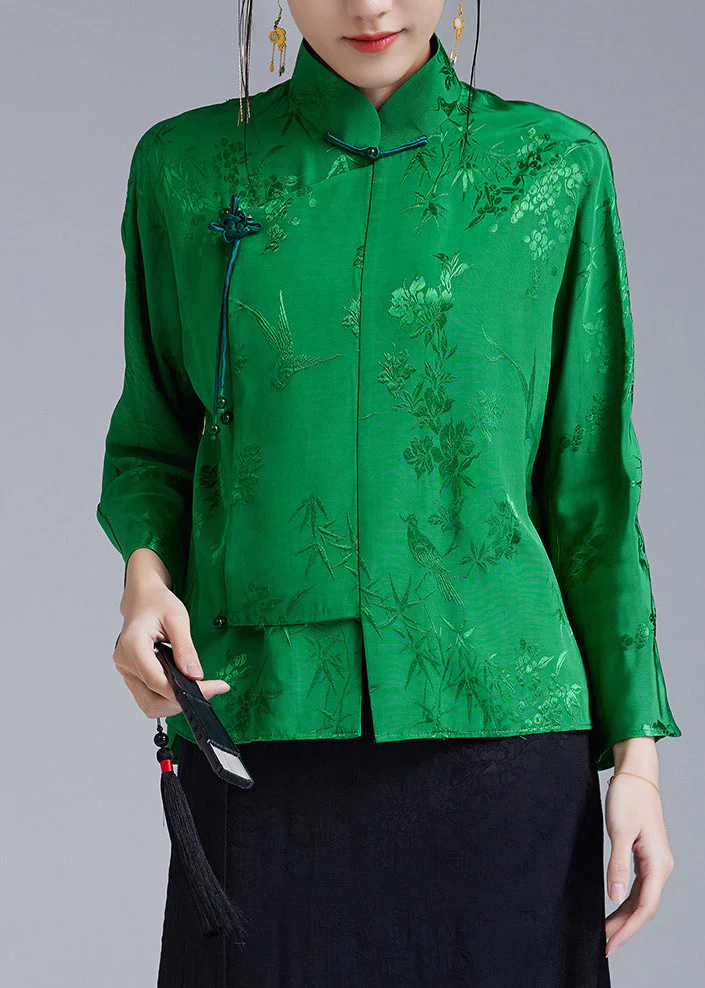 Beautiful Green Stand Collar Jacquard Diagonal Button Silk Top Long sleeve - republicanstateiBeautiful Green Stand Collar Jacquard Diagonal Button Silk Top Long sleeve - republicanstatei