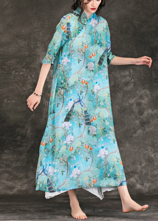 Modern blue print linen dresses Vintage Neckline stand collar Half sleeve Maxi Summer Dress - republicanstateiModern blue print linen dresses Vintage Neckline stand collar Half sleeve Maxi Summer Dress - republicanstatei