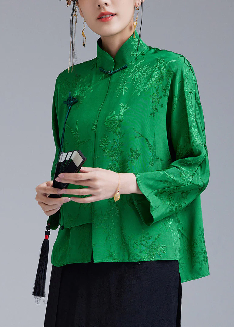 Beautiful Green Stand Collar Jacquard Diagonal Button Silk Top Long sleeve - republicanstateiBeautiful Green Stand Collar Jacquard Diagonal Button Silk Top Long sleeve - republicanstatei