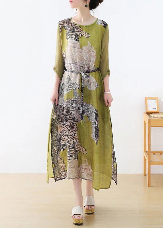 Slim Fit Green O-Neck Side Open Tunic Print Linen Party Dress Half Sleeve - republicanstateiSlim Fit Green O-Neck Side Open Tunic Print Linen Party Dress Half Sleeve - republicanstatei