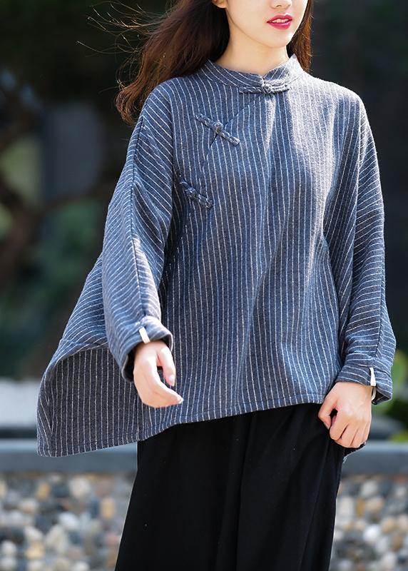 Elegant stand collar trumpet sleeves top silhouette Work Outfits navy striped shirt - republicanstateiElegant stand collar trumpet sleeves top silhouette Work Outfits navy striped shirt - republicanstatei