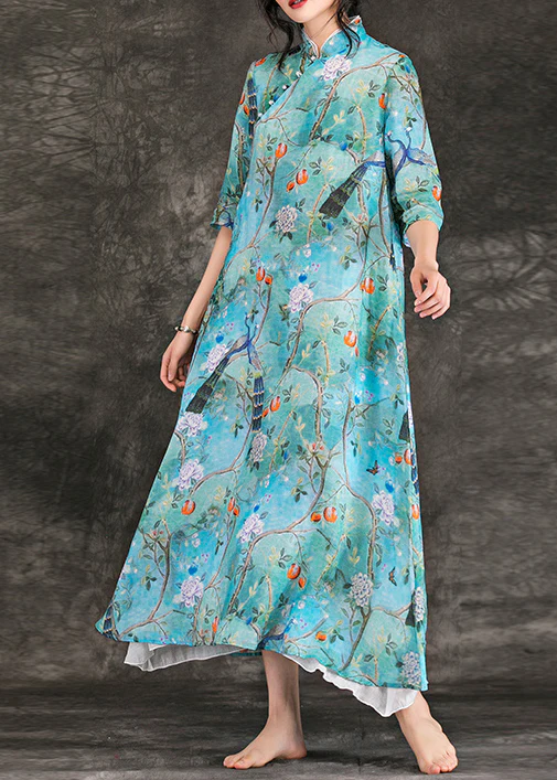 Modern blue print linen dresses Vintage Neckline stand collar Half sleeve Maxi Summer Dress - republicanstateiModern blue print linen dresses Vintage Neckline stand collar Half sleeve Maxi Summer Dress - republicanstatei