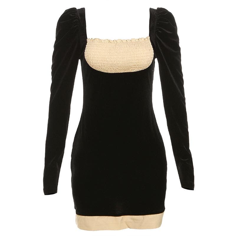 Smocked patchwork ruched contrast long sleeve velvet mini dress - Final Sale - republicanstateiSmocked patchwork ruched contrast long sleeve velvet mini dress - Final Sale - republicanstatei