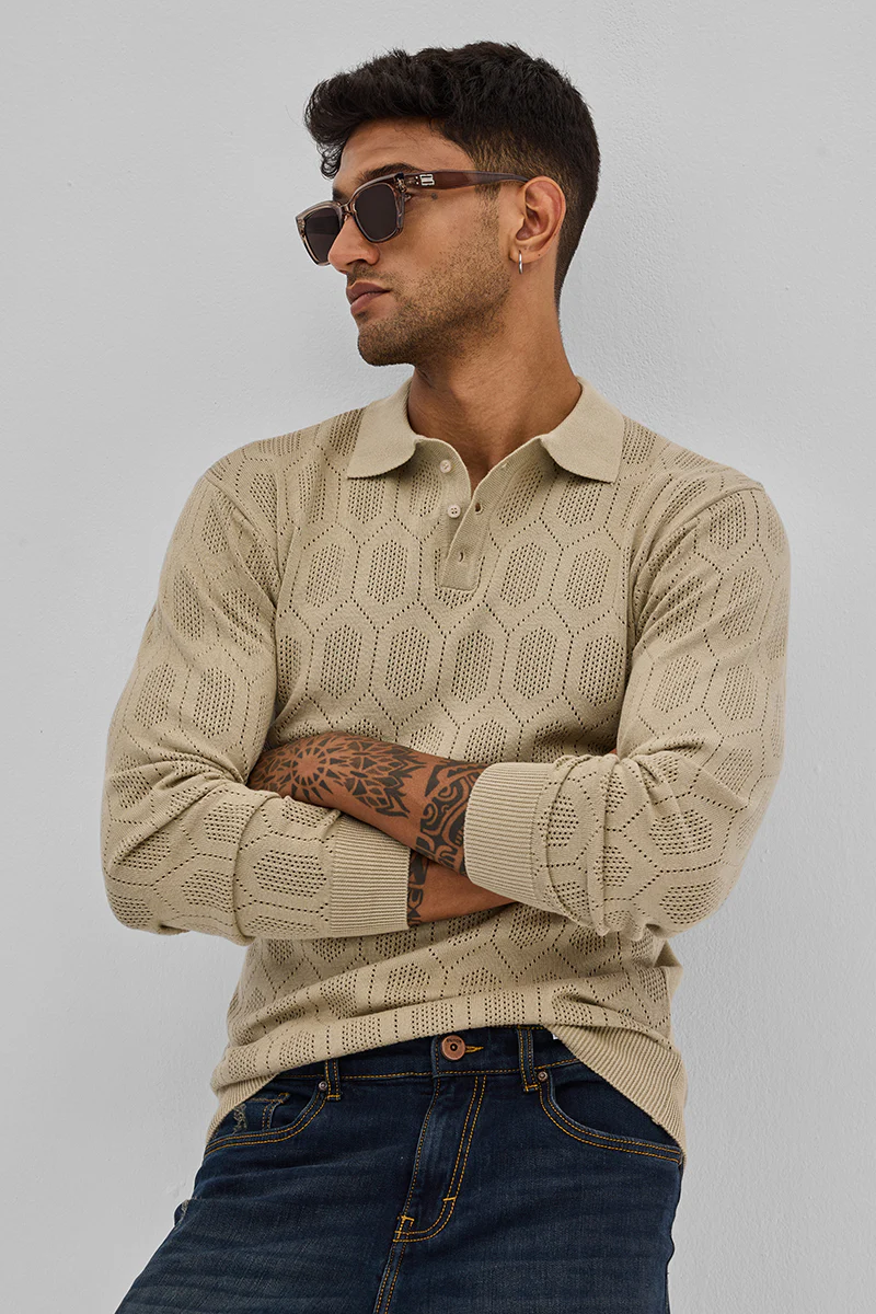 Beige Self-Design Polo T-Shirt - republicanstateiBeige Self-Design Polo T-Shirt - republicanstatei