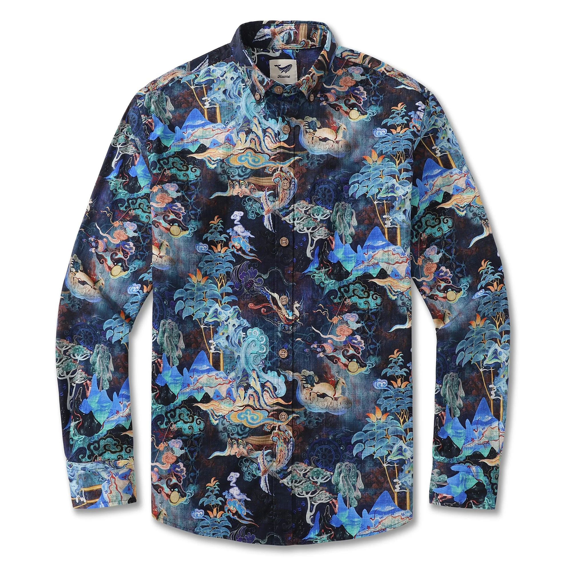 Men's Hawaiian Shirt 1950s Vintage Harmony in Azure Cotton Long Sleeve Aloha Shirt - republicanstateiMen's Hawaiian Shirt 1950s Vintage Harmony in Azure Cotton Long Sleeve Aloha Shirt - republicanstatei