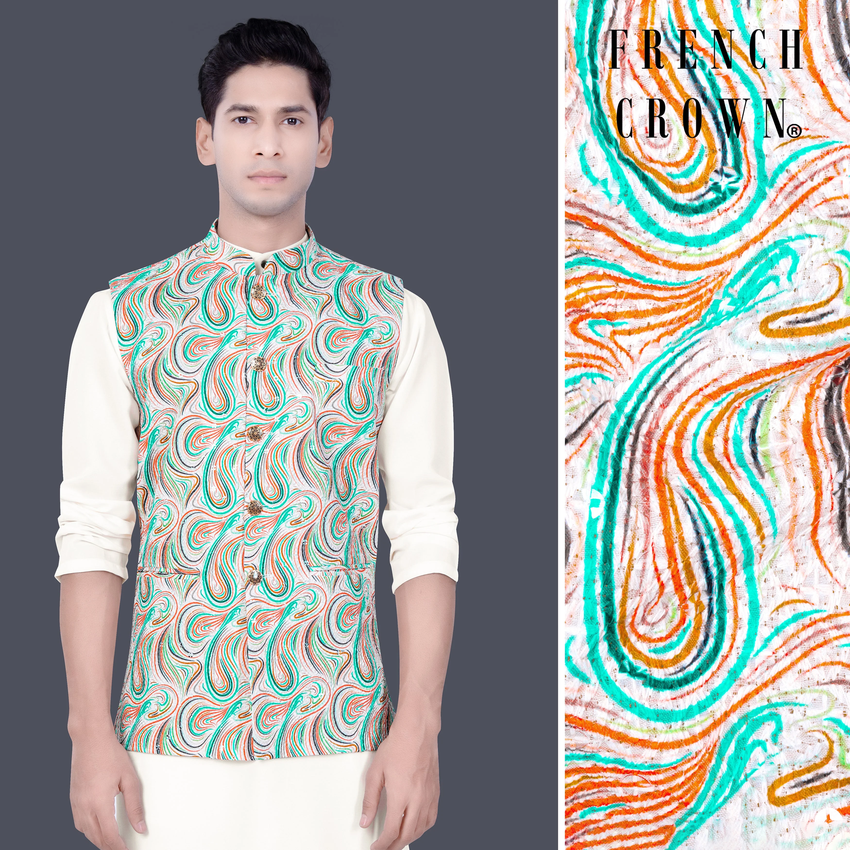 Bright White And Turquoise Blue MultiColour Designer Thread Embroidered Nehru Jacket - republicanstateiBright White And Turquoise Blue MultiColour Designer Thread Embroidered Nehru Jacket - republicanstatei