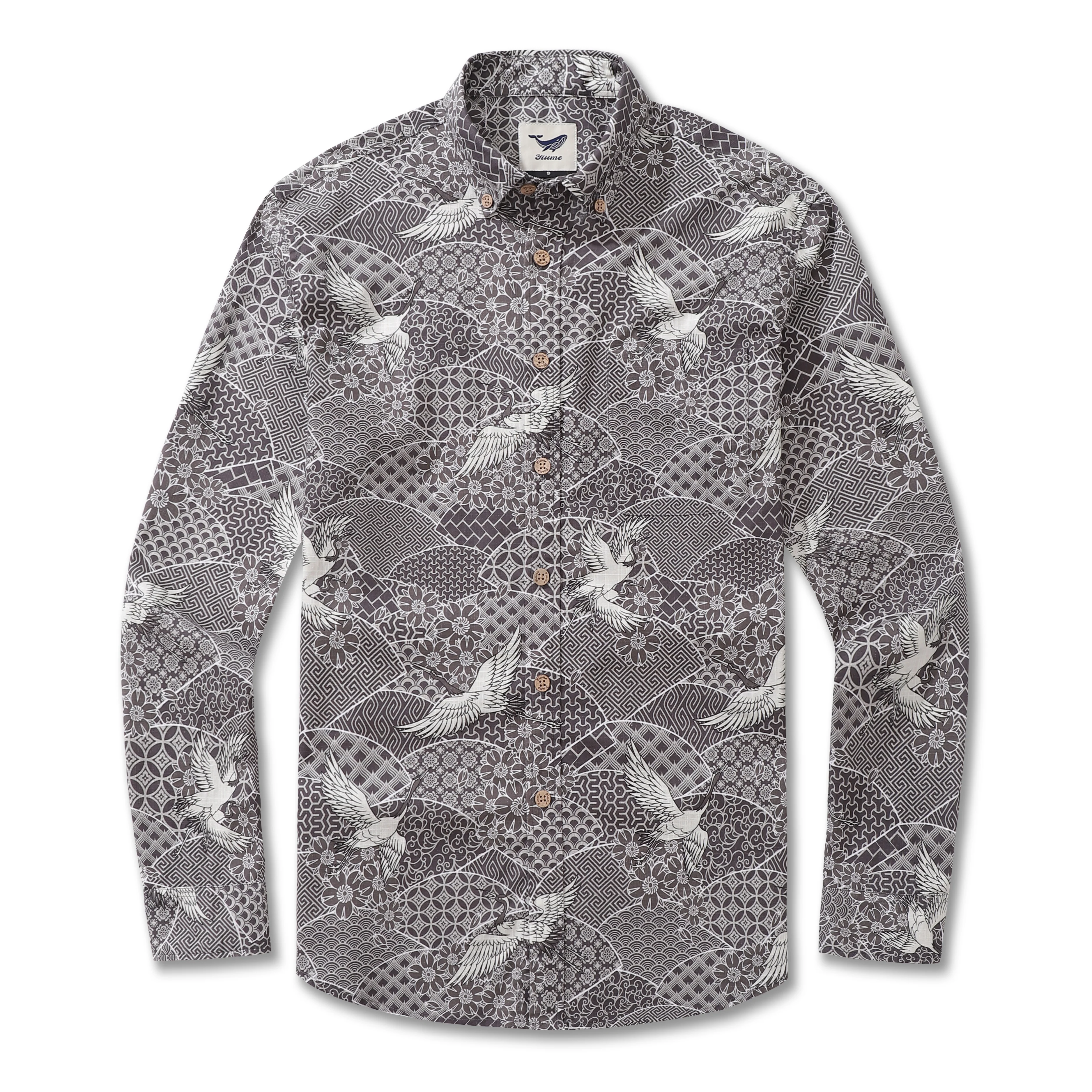 Long Sleeve Hawaiian Shirt For Men Cranes Soaring Auspicious Patterns Cotton Button-down Aloha Shirt - republicanstateiLong Sleeve Hawaiian Shirt For Men Cranes Soaring Auspicious Patterns Cotton Button-down Aloha Shirt - republicanstatei