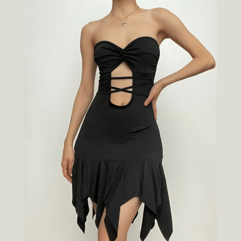 Hollow out ruffle solid knotted self tie irregular tube cut out mini dress - republicanstateiHollow out ruffle solid knotted self tie irregular tube cut out mini dress - republicanstatei