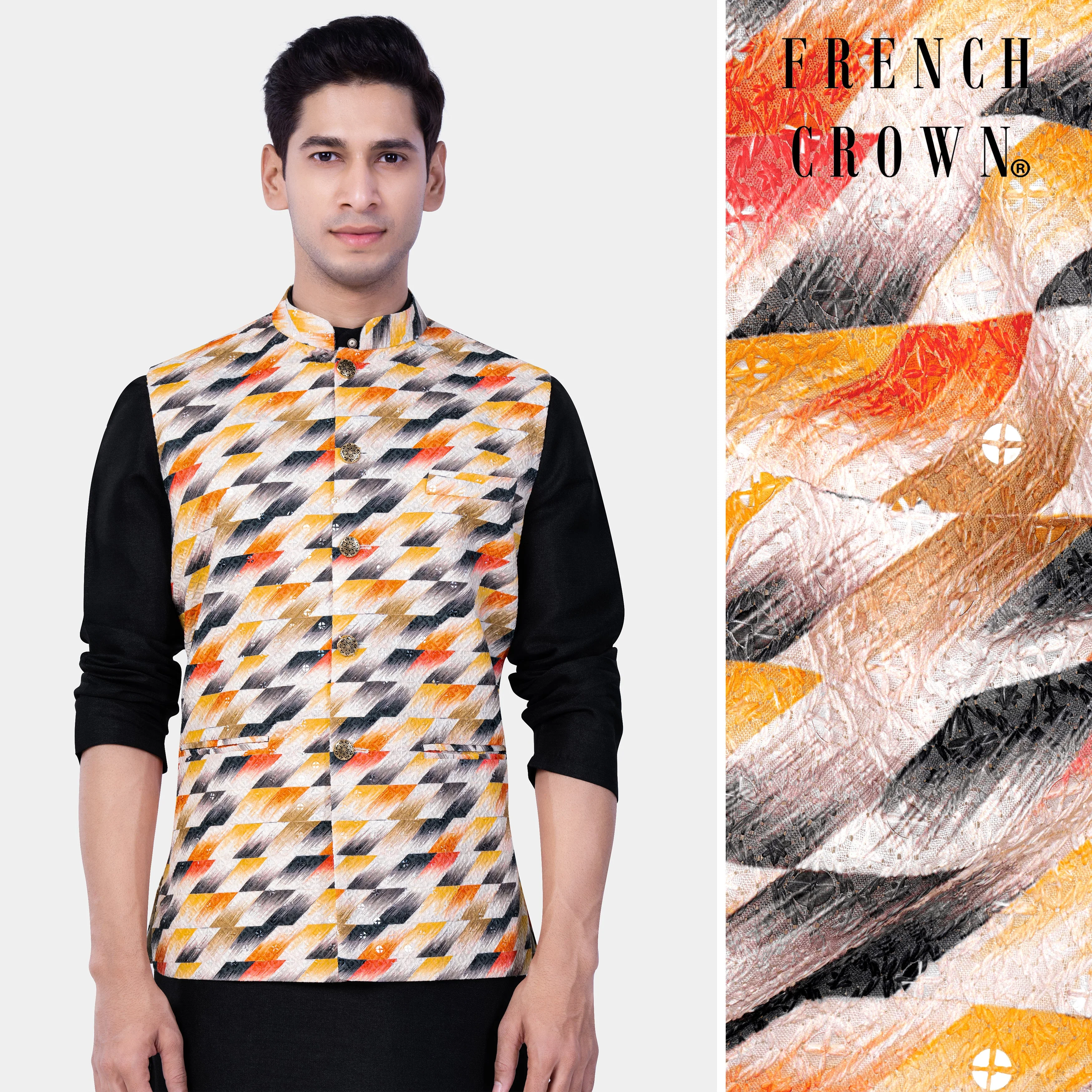 Tree Poppy Orange And Jade Black MultiColour Designer Thread Embroidered Nehru Jacket - republicanstateiTree Poppy Orange And Jade Black MultiColour Designer Thread Embroidered Nehru Jacket - republicanstatei
