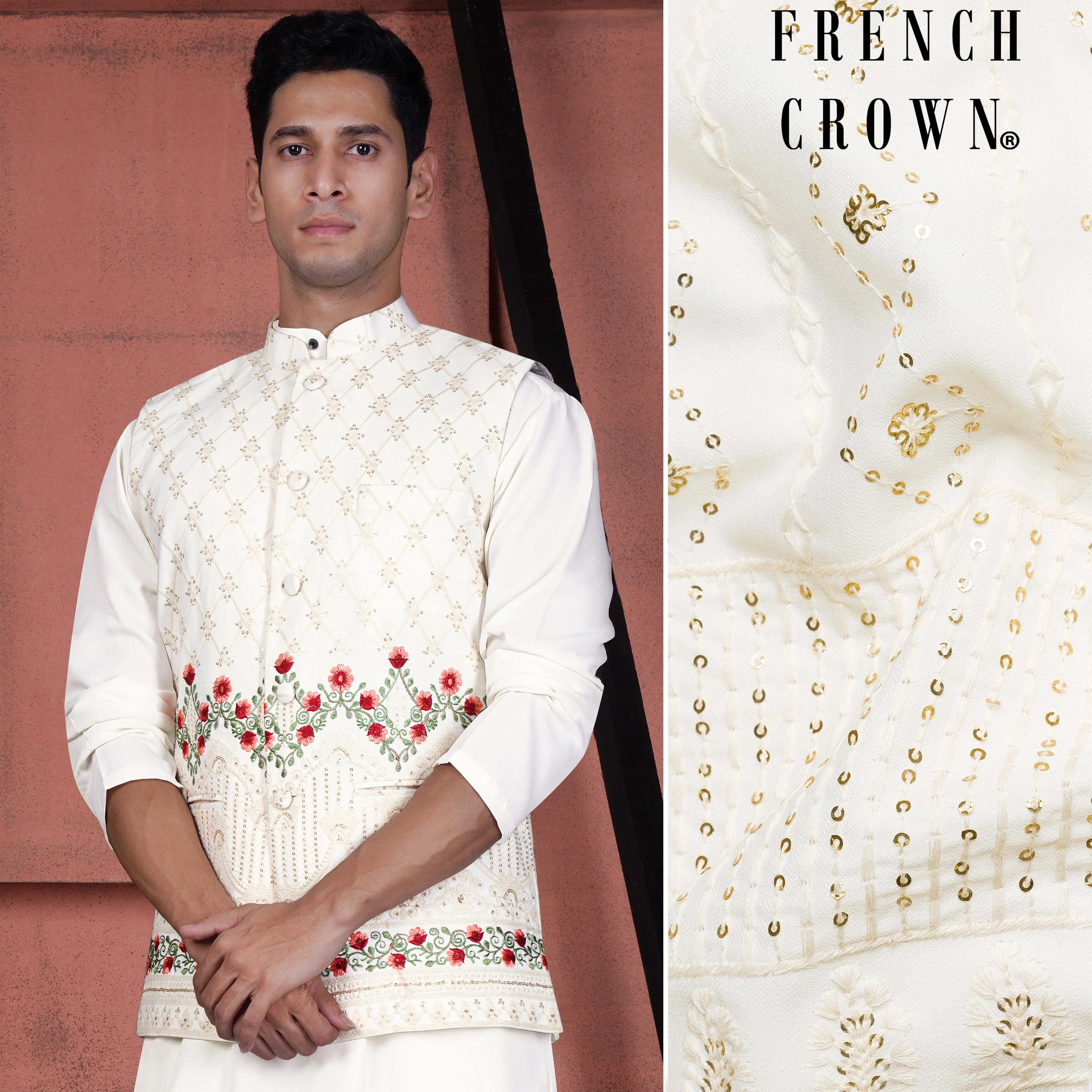 Ecru Cream Viscose Floral Embroidered with Tikki Work Designer Nehru Jacket - republicanstateiEcru Cream Viscose Floral Embroidered with Tikki Work Designer Nehru Jacket - republicanstatei