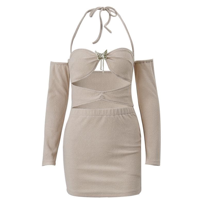 Hollow out halter solid long sleeve backless butterfly applique cut out mini dress - Final Sale - republicanstateiHollow out halter solid long sleeve backless butterfly applique cut out mini dress - Final Sale - republicanstatei