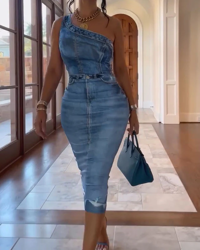 3D Printed Denim Slim Fit Dress - republicanstatei3D Printed Denim Slim Fit Dress - republicanstatei