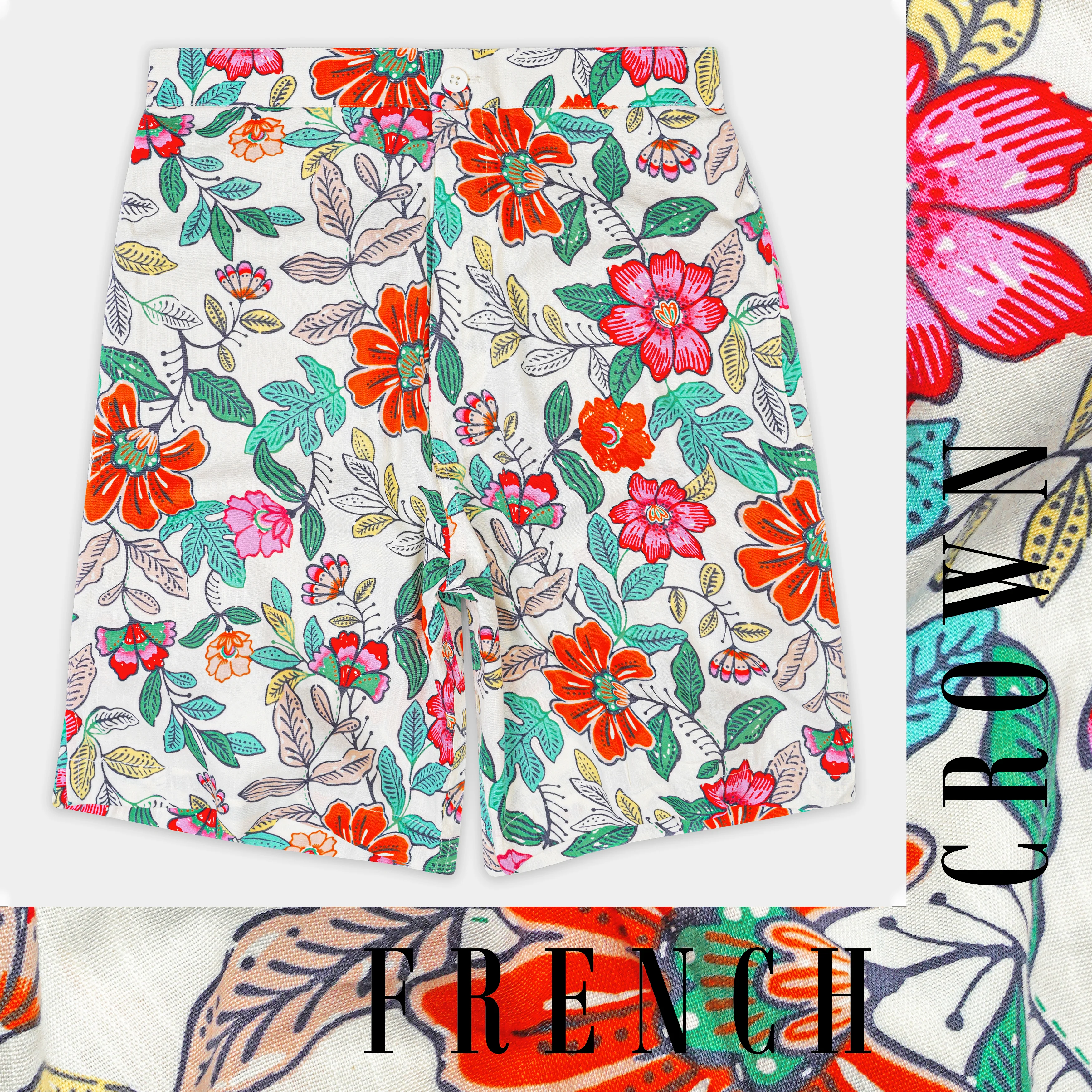 Bright White with Fern Green Multicolor Floral Printed Premium Tencel Shorts - republicanstateiBright White with Fern Green Multicolor Floral Printed Premium Tencel Shorts - republicanstatei