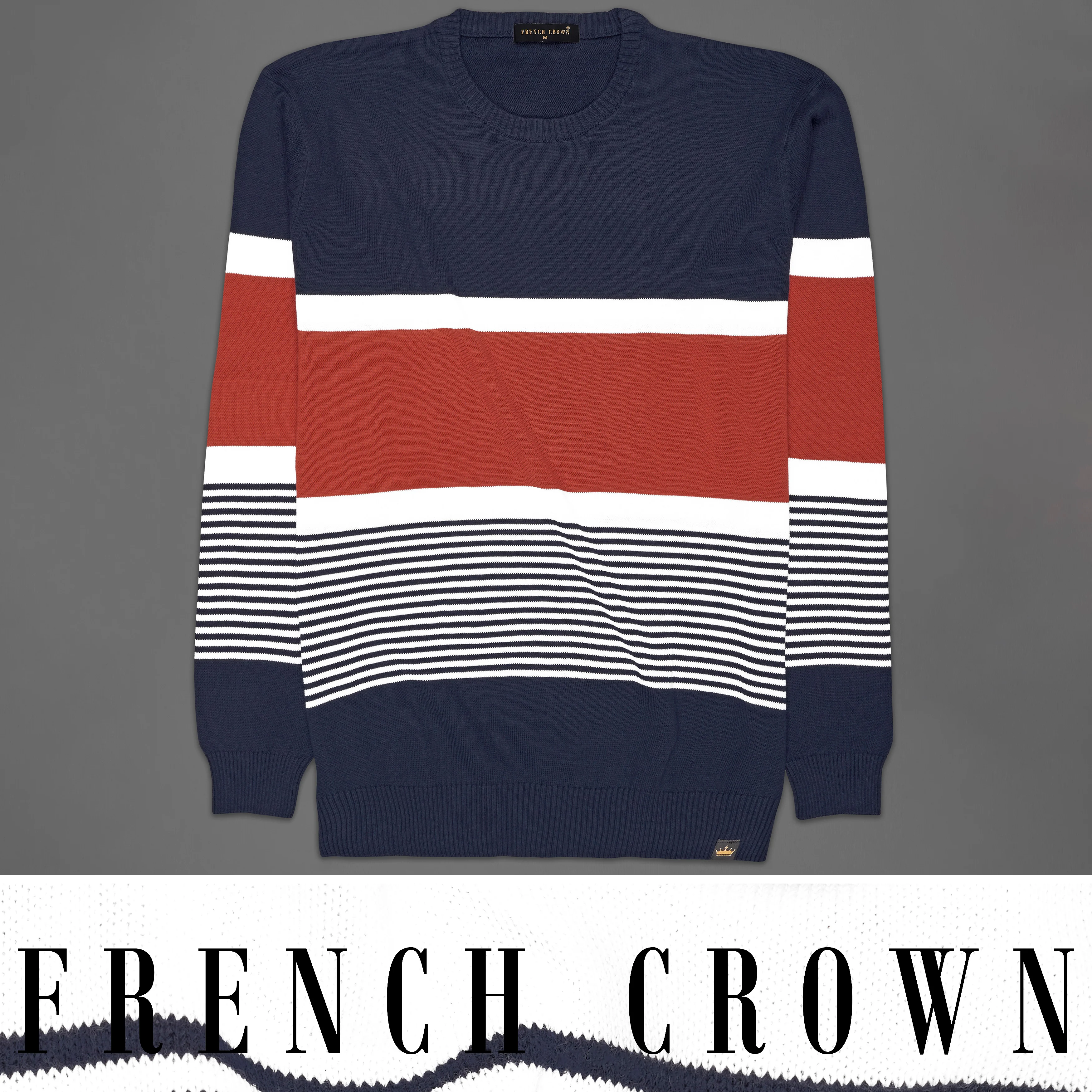 Ebony Navy Blue with Carmine Red and White Striped Premium Interlock Cotton Fabric Sweatshirt - republicanstateiEbony Navy Blue with Carmine Red and White Striped Premium Interlock Cotton Fabric Sweatshirt - republicanstatei