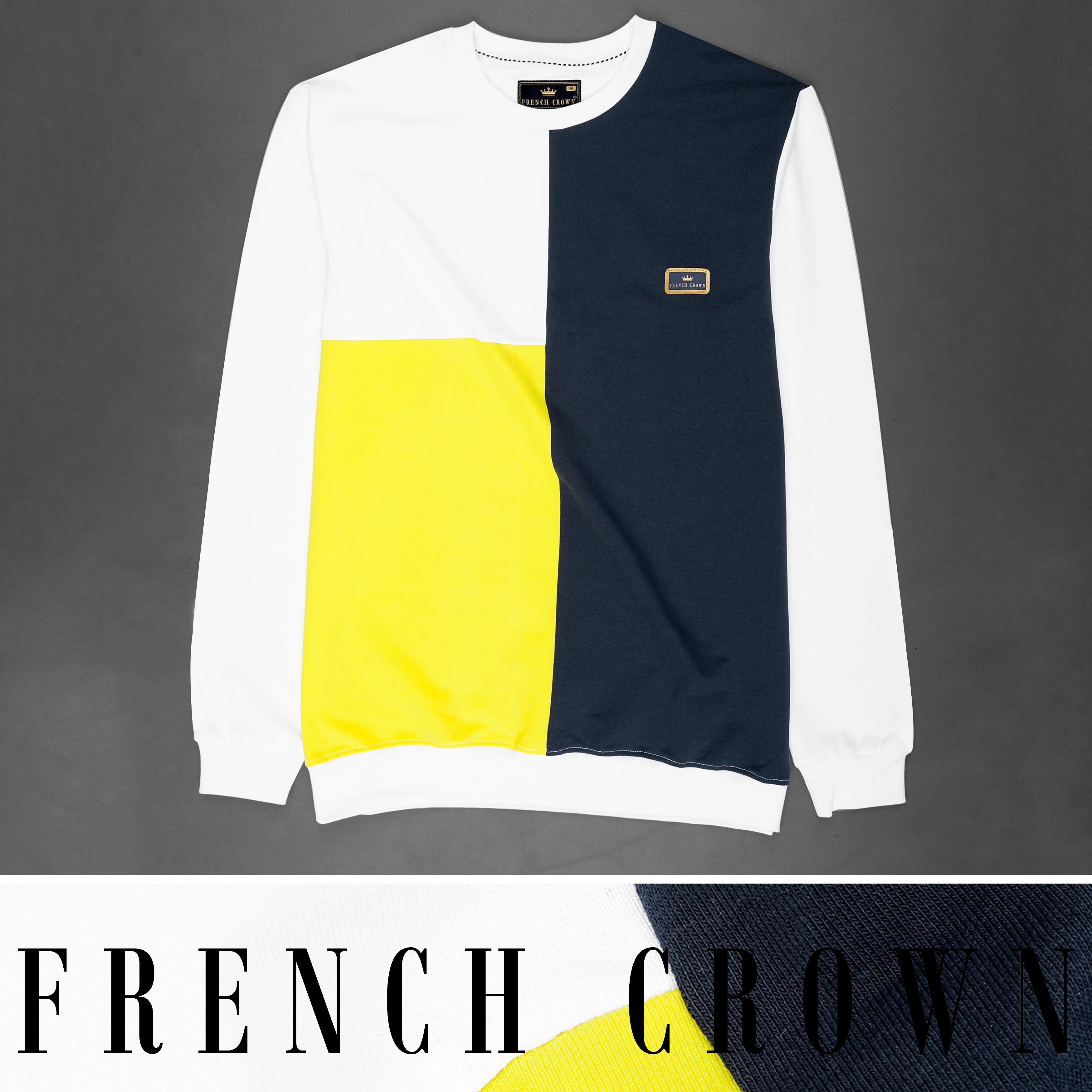 Bright White with Mirage Navy Blue and Aureolin Yellow Colour Block Sweatshirt - republicanstateiBright White with Mirage Navy Blue and Aureolin Yellow Colour Block Sweatshirt - republicanstatei
