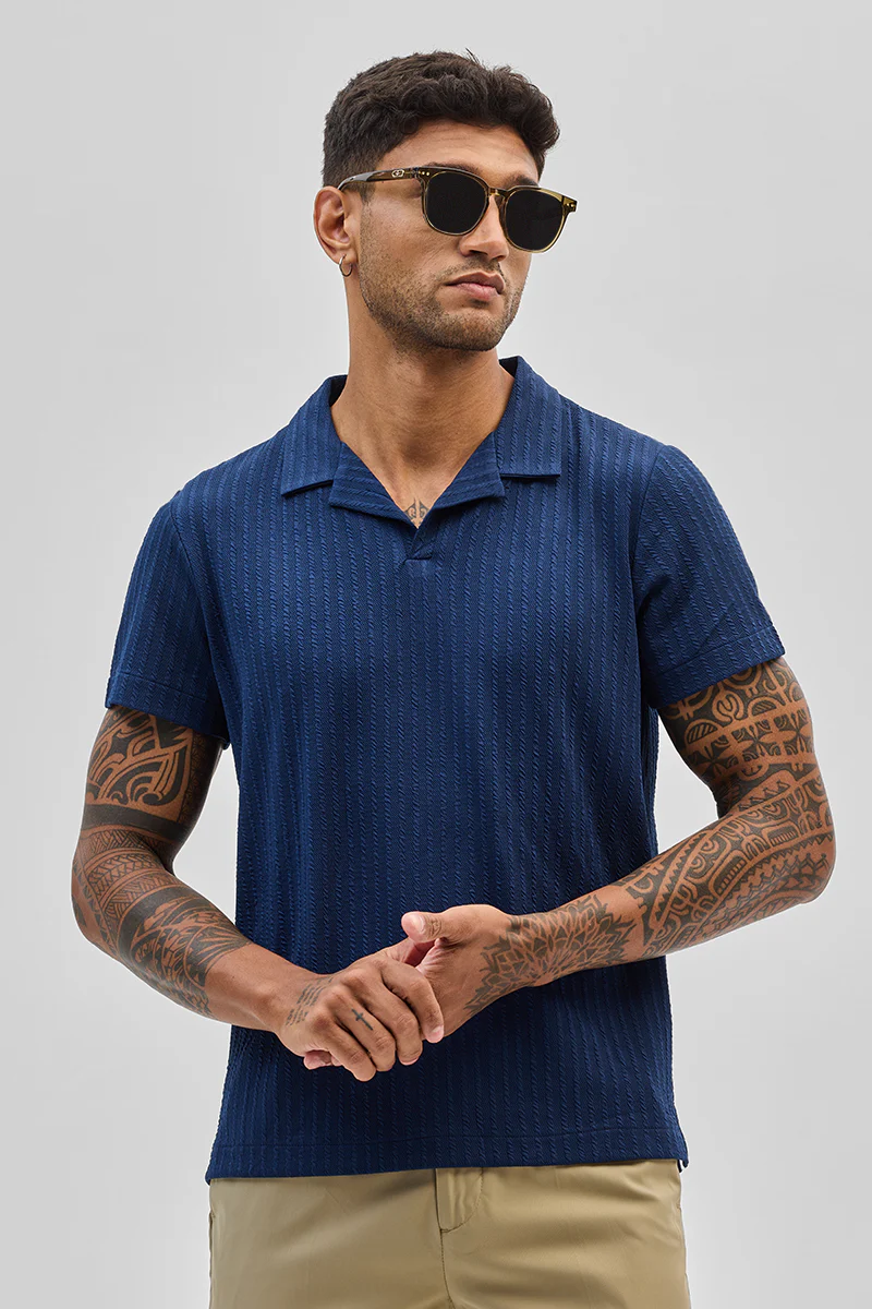 Dark Blue Textured Cuban T-Shirt - republicanstateiDark Blue Textured Cuban T-Shirt - republicanstatei