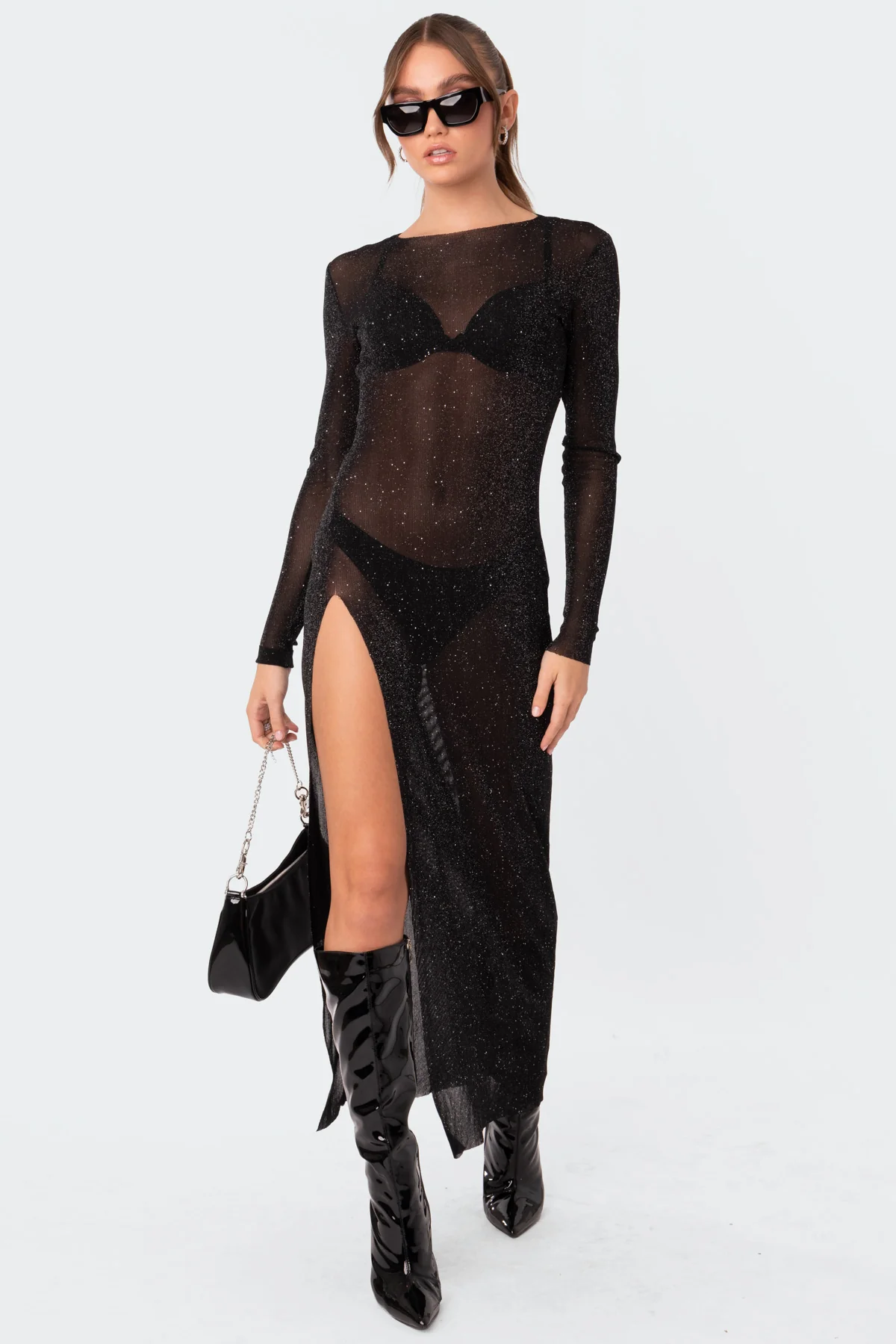 Glitter Mesh Slitted Maxi Dress - republicanstateiGlitter Mesh Slitted Maxi Dress - republicanstatei