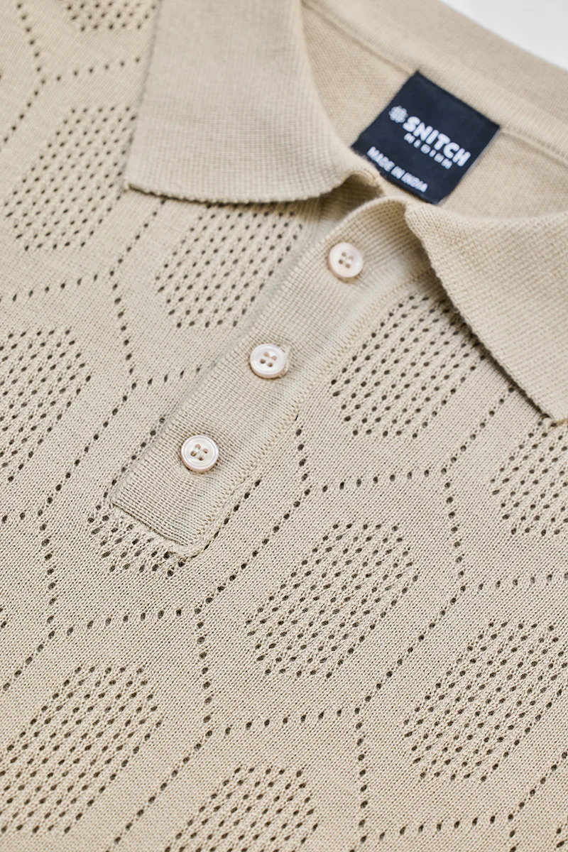 Beige Self-Design Polo T-Shirt - republicanstateiBeige Self-Design Polo T-Shirt - republicanstatei