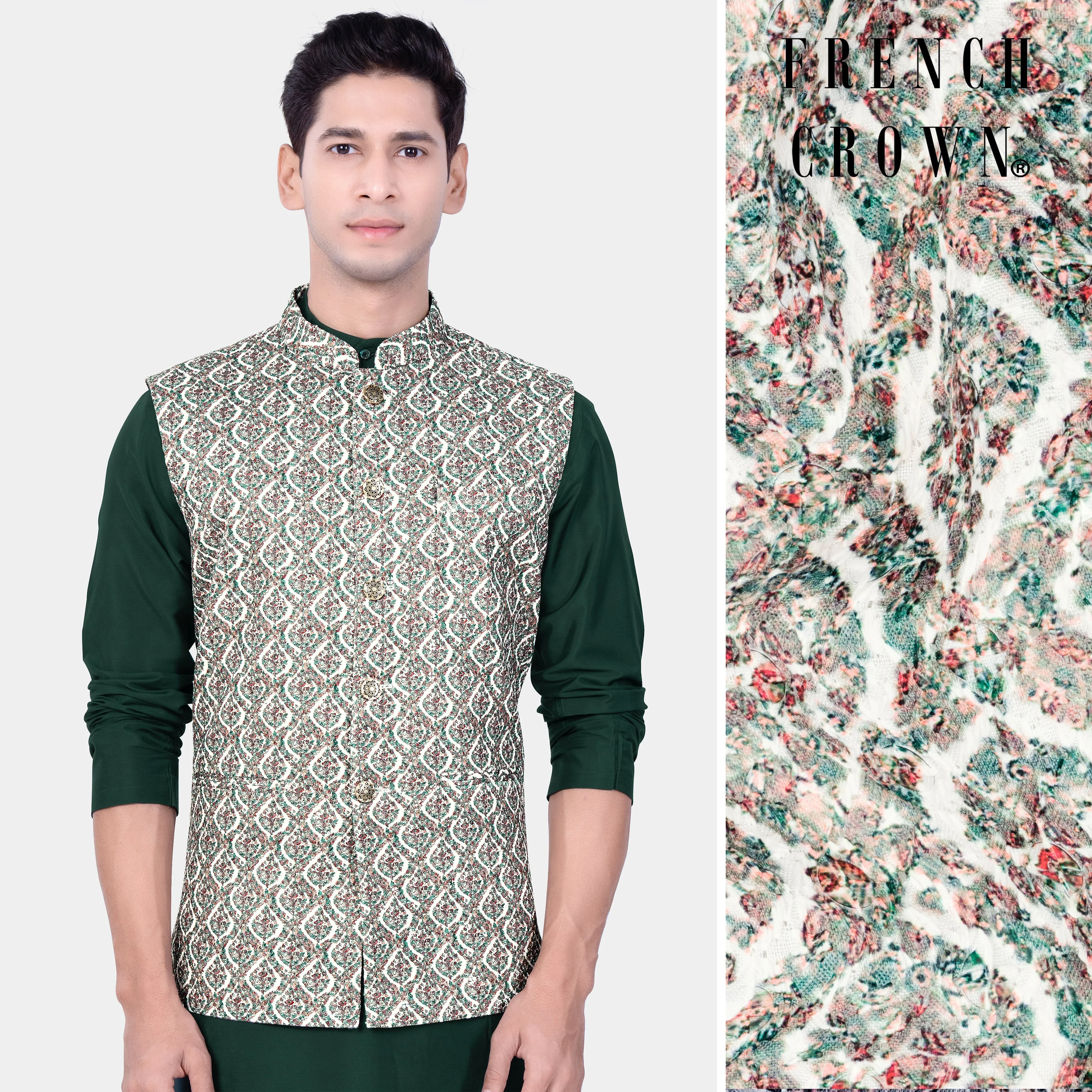 Bright White And Patina Green MultiColour Designer Embroidered Nehru Jacket - republicanstateiBright White And Patina Green MultiColour Designer Embroidered Nehru Jacket - republicanstatei